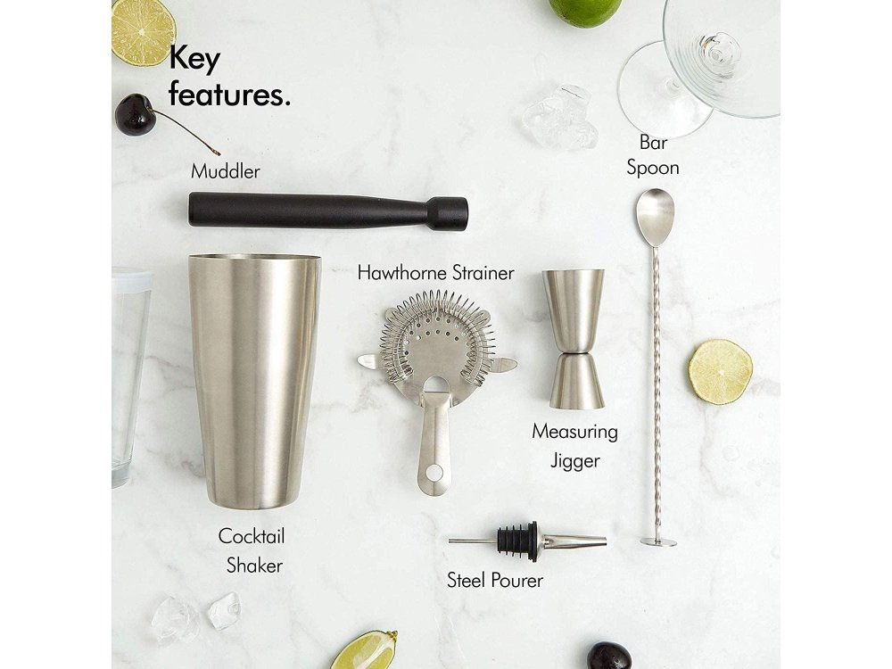 VonShef Cocktail Set 8pcs., Cocktail Shaker Set, Stainless Steel, Boston Silver - 1000157