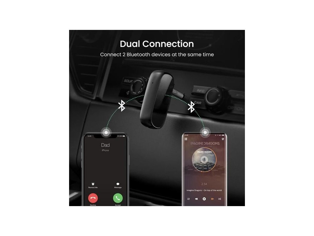 Ugreen Bluetooth 5.0 Handsfree Car Kit, AUX Audio Transmitter aptX - 70304