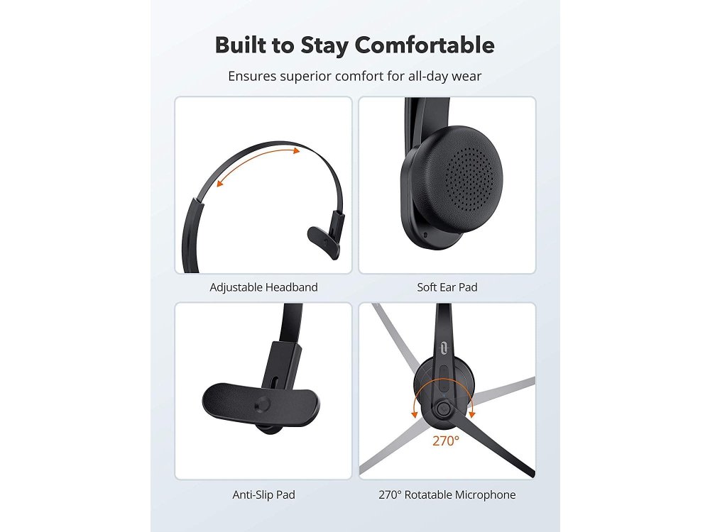 TaoTronics Trucker Bluetooth Headset 41 με AI Auto Noise-cancelling Microphone, Μαύρο - TT-BH041