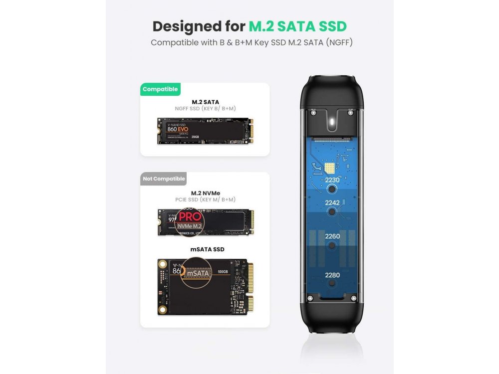 Ugreen M.2 NGFF SSD Enclosure, USB-A & USB C 3.1 Gen2, Εξωτερική Θήκη Σκληρού Δίσκου B-Key/M+B Key 6Gbps, Ασημί - 70533