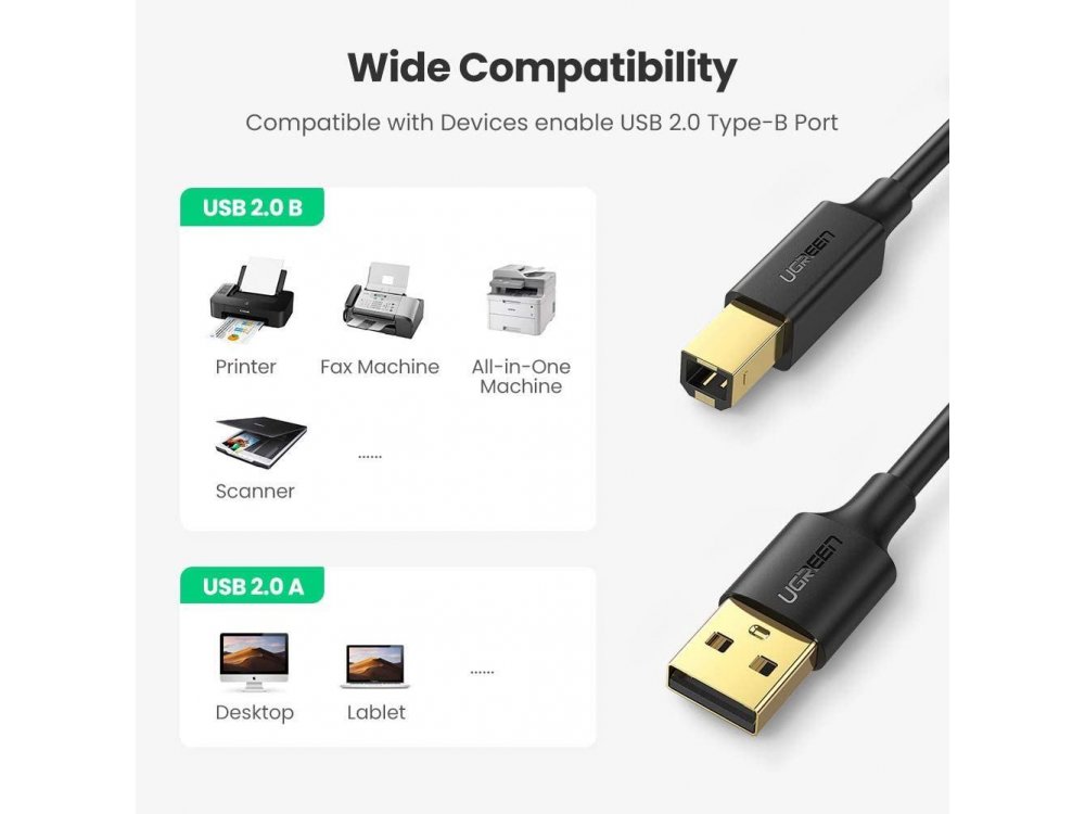 Ugreen USB 2.0 to USB-B Printer / Scanner  Cable 3m. - 10351, Black