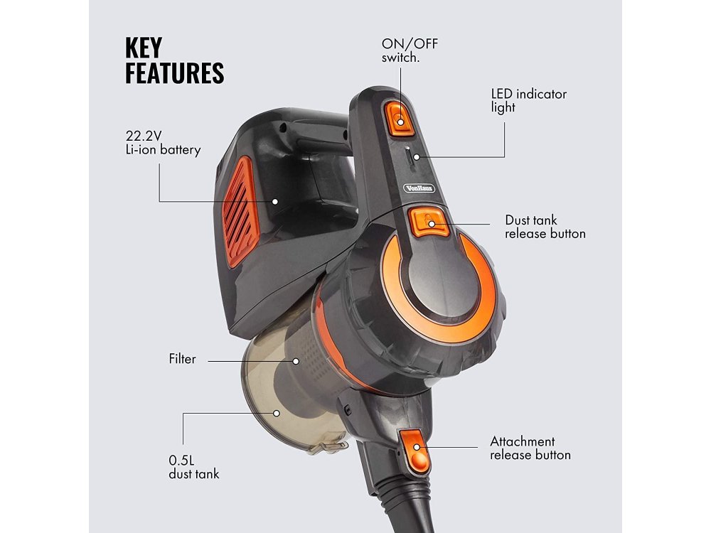VonHaus Ασύρματη Ηλεκτρική σκούπα χειρός / Stick 2-in-1, 120W, 9000Pa, Επαναφορτιζόμενη, Μπαταρία Li-ion 22.2V - 3000098