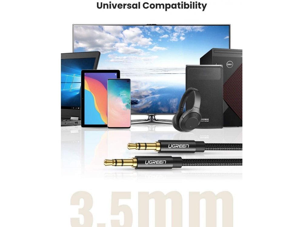 Ugreen Audio AUX Καλώδιο, 1μ. Επιχρυσωμένο με νάυλον ύφανση 3.5mm, Μαύρο - 50361