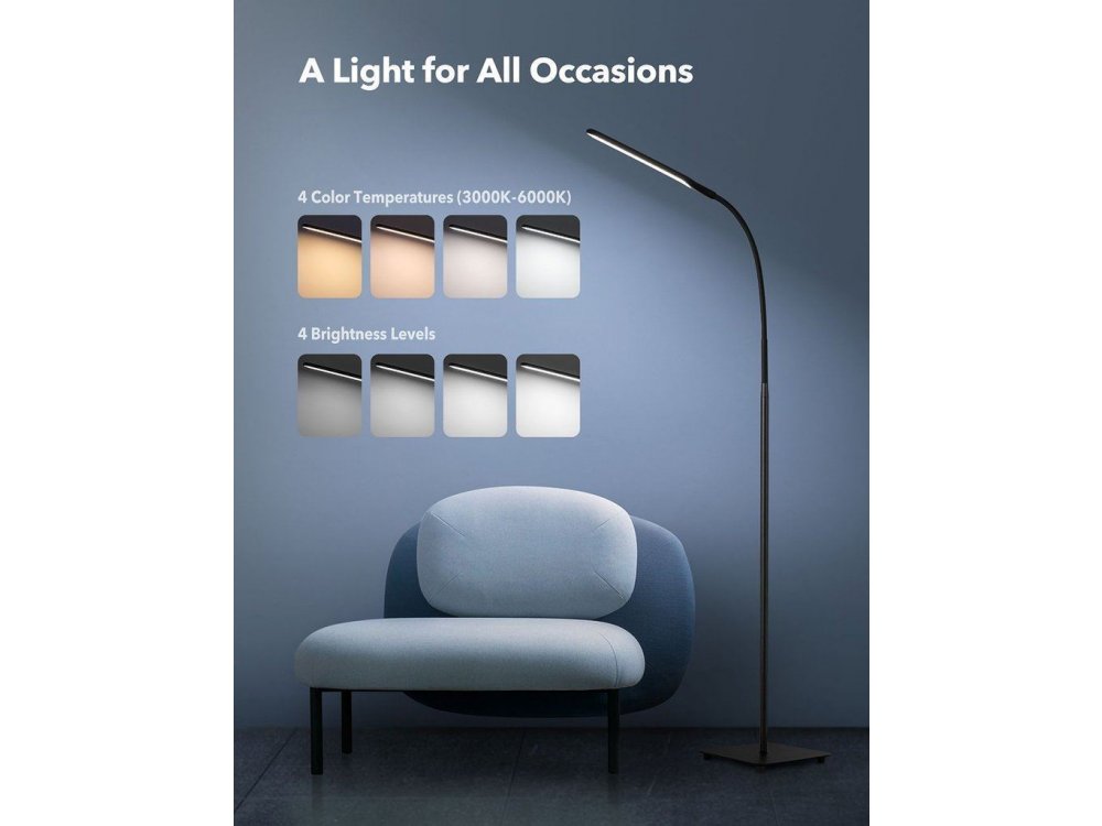 TaoTronics TT-DL046 LED Floor Lamp with Touch Control, 4 Color Modes, 4 Brightness Levels, Gooseneck, Black