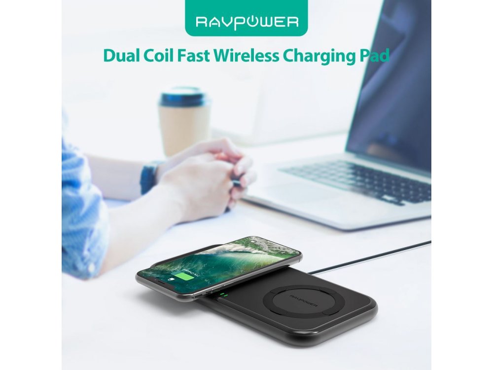 RAVPower 20W Qi Dual Pad Dual Wireless Charger 7.5W10W Set with Wall Charger, Black - RP-PC065
