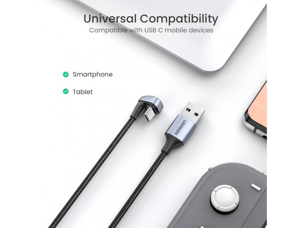 Ugreen 180° Type-C Καλώδιο 2μ., με Νάυλον Ύφανση Μαύρο - 70315