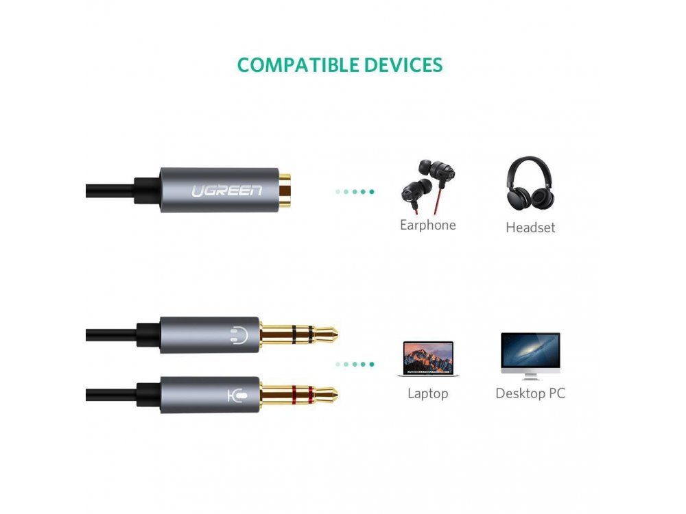 Ugreen 3.5mm Female to 2*3.5mm Male Auxiliary Stereo Y Headset/Microphone Splitter Audio Cable 28cm - 20899