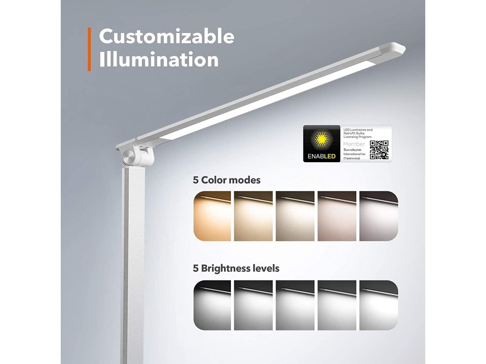 TaoTronics TT-DL19 LED Desk Λάμπα με Touch Control & USB Θύρα, 5 Color Modes, 5 Brightness Levels, Ασημί