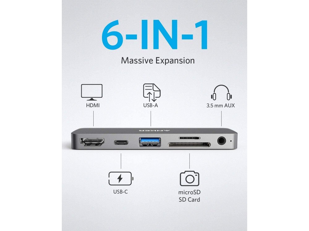 Anker PowerExpand Direct 6-in-1 Type-C Hub for iPad Pro 60W 4K@60Hz HDMI + USB3.0 + Type-C + 1*Micro SD/SD + Audio - A83620A1