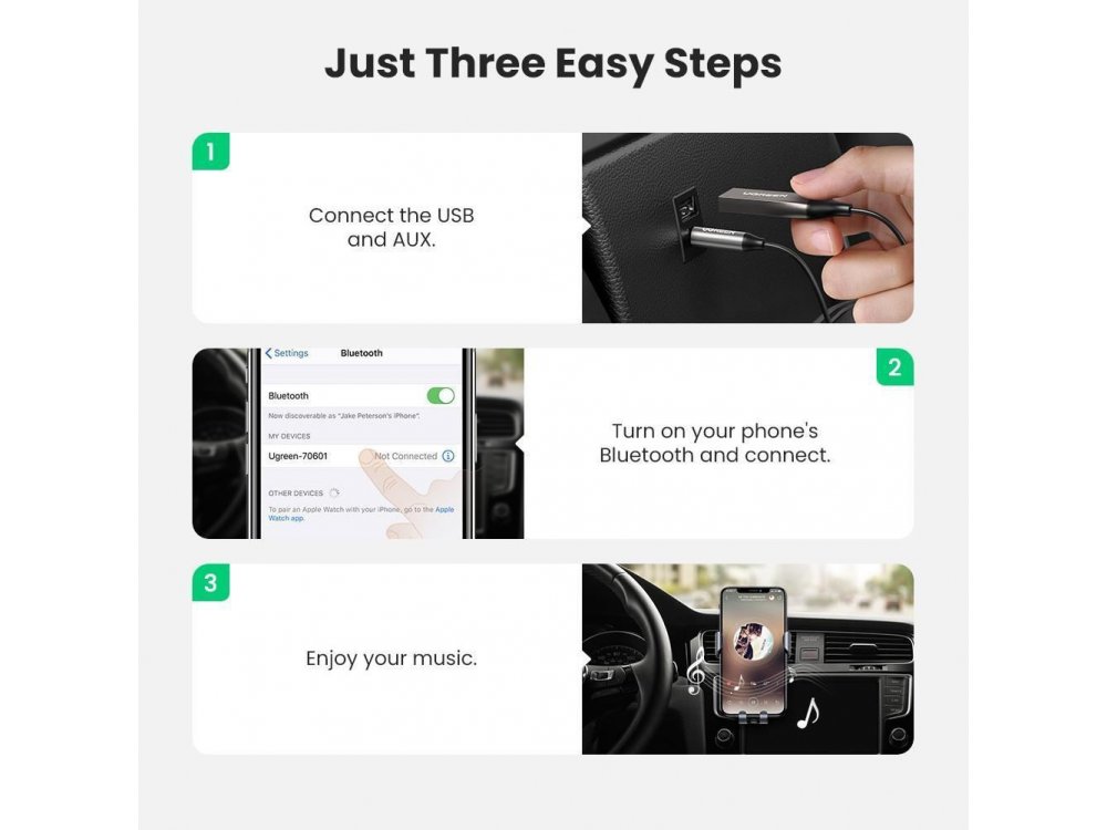Ugreen Bluetooth 5.0 Handsfree Car Kit / Bluetooth Receiver with Microphone - 70601