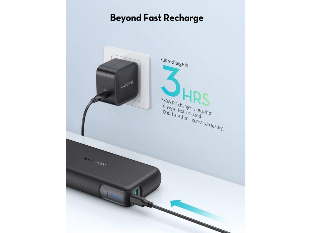 RAVPower Pioneer 20000 PD 60W USB-C Power Bank 20.000mAh Power Delivery, Μαύρο - RP-PB201
