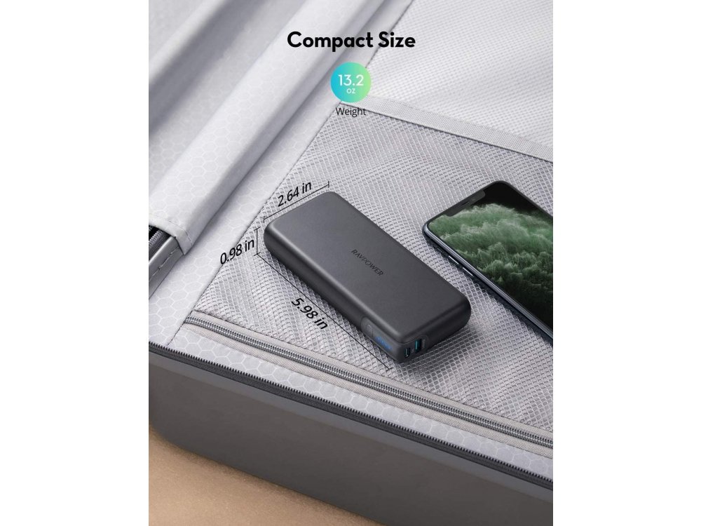 RAVPower Pioneer 20000 PD 60W USB-C Power Bank 20.000mAh Power Delivery, Μαύρο - RP-PB201