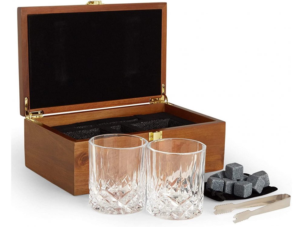 VonShef Whisky Glasses & Stones Gift Set - Whisky Set Gift, with 2 Glasses, Metal Ice Tongs, 8 Stones and Wooden Box- 1000252