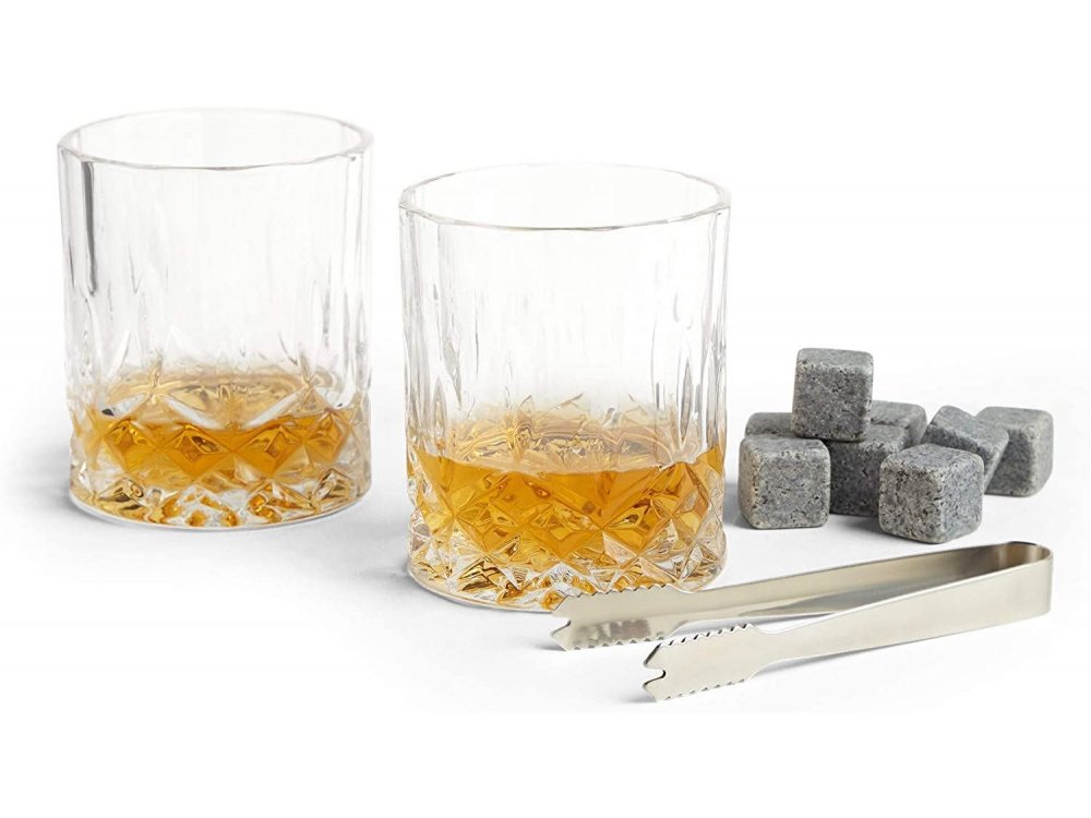 VonShef Whisky Glasses & Stones Gift Set - Σετ Δώρου Ουίσκι, με 2 Ποτήρια, Τσιμπίδα, Πέτρες και Ξύλινη Θήκη - 1000252