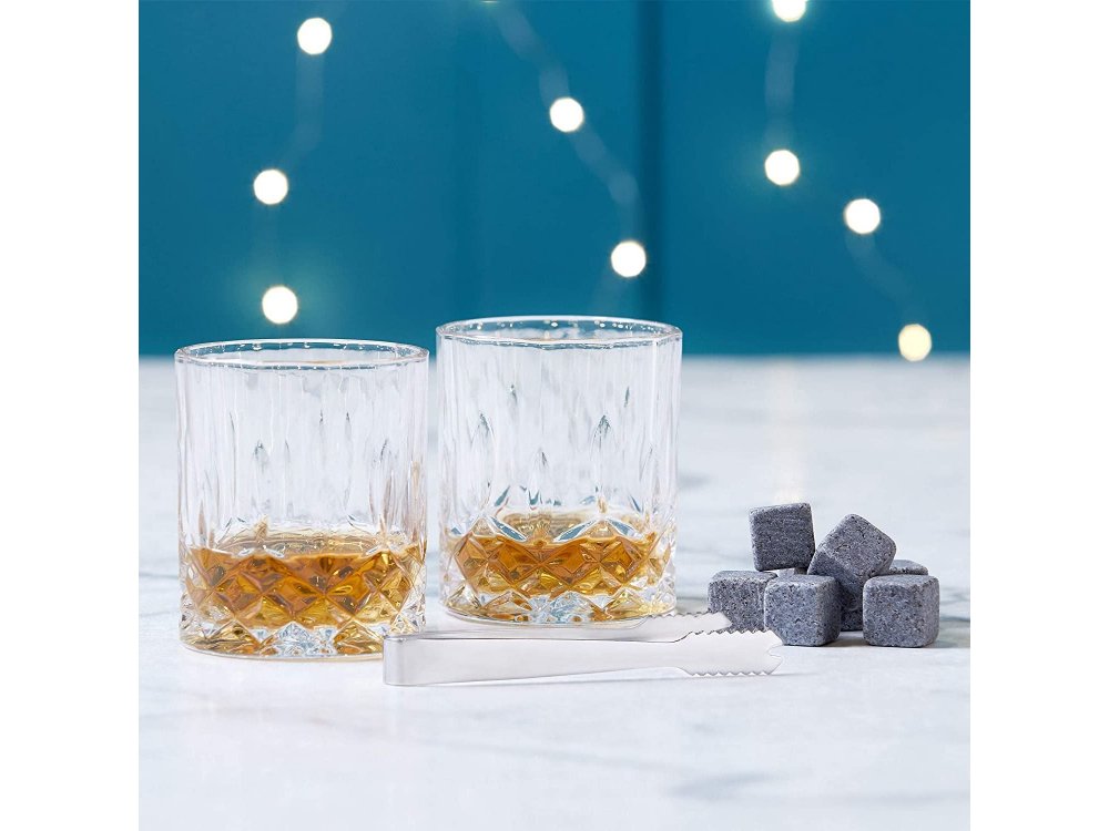 VonShef Whisky Glasses & Stones Gift Set - Whisky Set Gift, with 2 Glasses, Metal Ice Tongs, 8 Stones and Wooden Box- 1000252