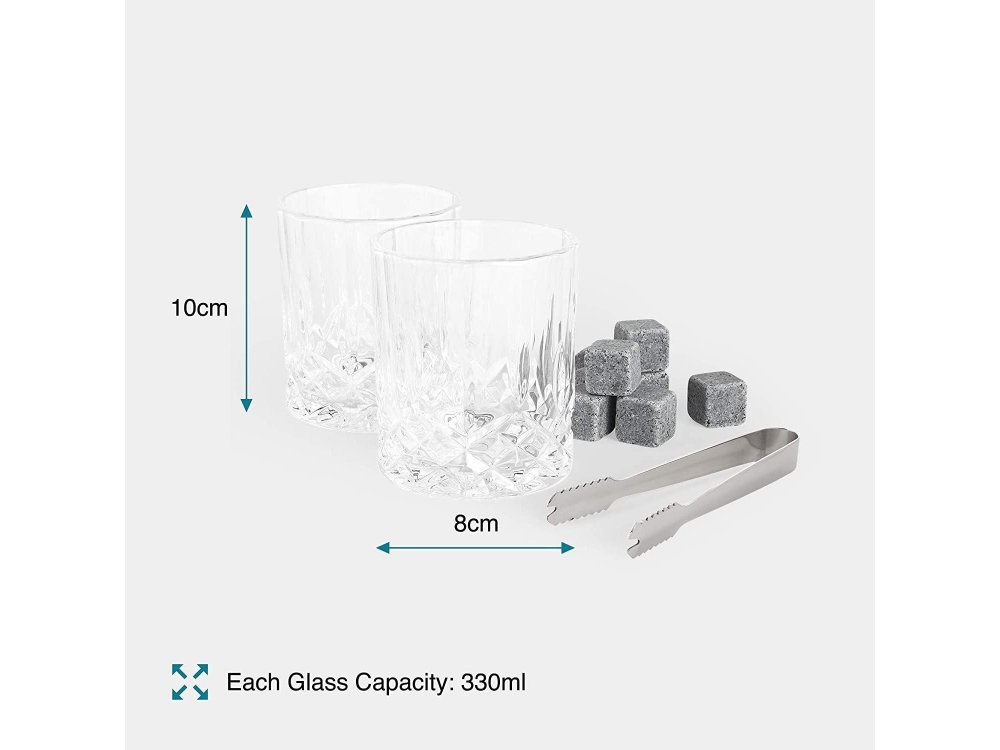 VonShef Whisky Glasses & Stones Gift Set - Σετ Δώρου Ουίσκι, με 2 Ποτήρια, Τσιμπίδα, Πέτρες και Ξύλινη Θήκη - 1000252