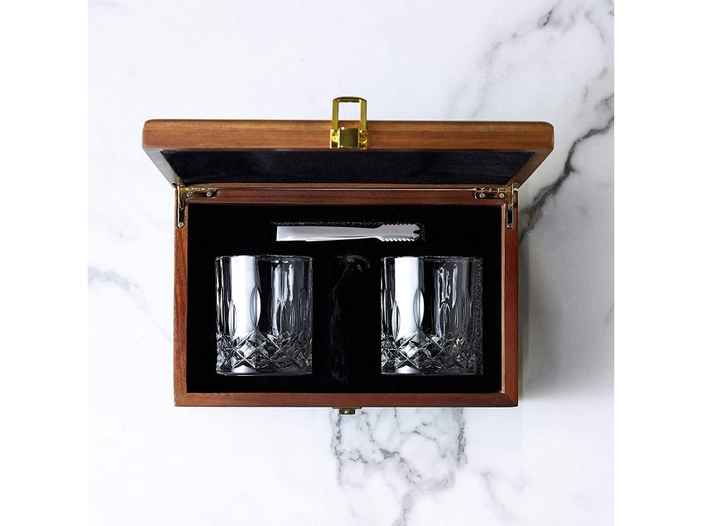 VonShef Whisky Glasses & Stones Gift Set - Σετ Δώρου Ουίσκι, με 2 Ποτήρια, Τσιμπίδα, Πέτρες και Ξύλινη Θήκη - 1000252