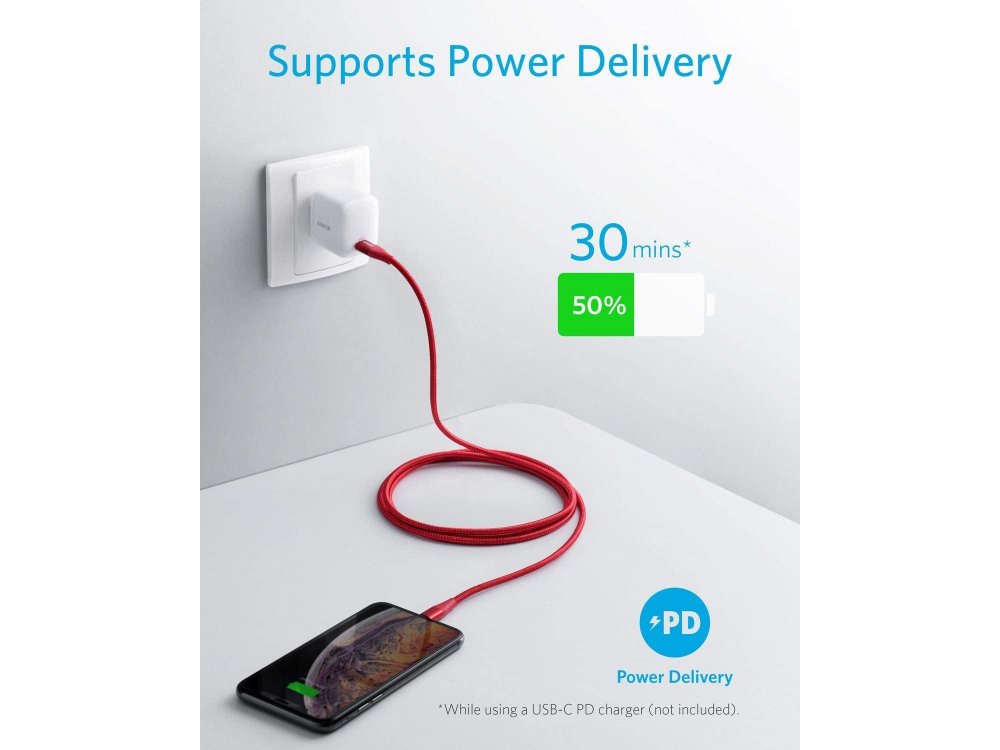 Anker PowerLine+ ΙΙ USB-C σε Lightning καλώδιο 1.8μ. για Apple iPhone / iPad / iPod MFi, με Νάυλον ύφανση - A8653H91, Κόκκινο