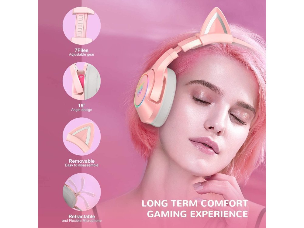 Onikuma K9 Pink Kitty Quartz RGB Gaming Headset 7.1 Noise-cancelling Microphone (PC / PS4 / Xbox / Switch / Mac / iOS)