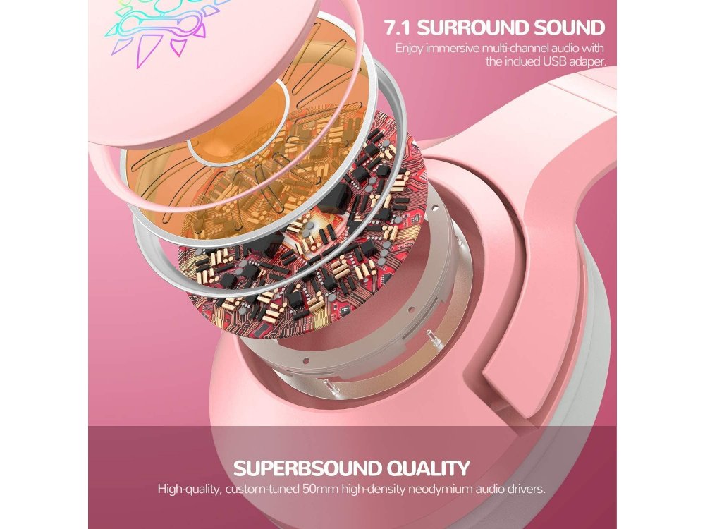 Onikuma K9 Pink Kitty Quartz RGB Gaming Headset 7.1 Noise-cancelling Microphone (PC / PS4 / Xbox / Switch / Mac / iOS)