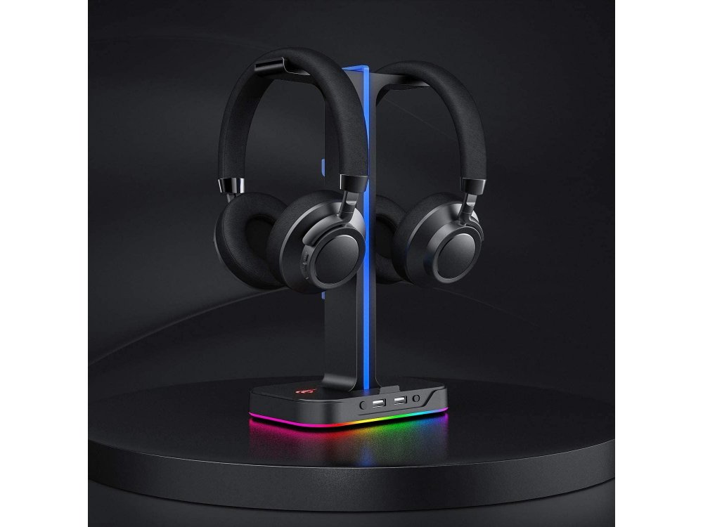 Havit Dual Headphone Stand & Hanger RGB, Aluminum Διπλή Βάση / Stand για Headset / Ακουστικά με 2 Θύρες USB, Μαύρη - TH650