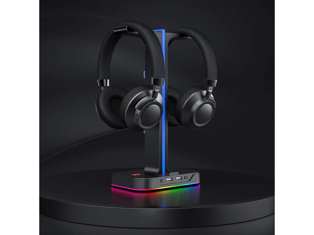 Havit Dual Headphone Aluminum Stand & Hanger RGB for Headset  with 2 USB Ports, Black - TH650