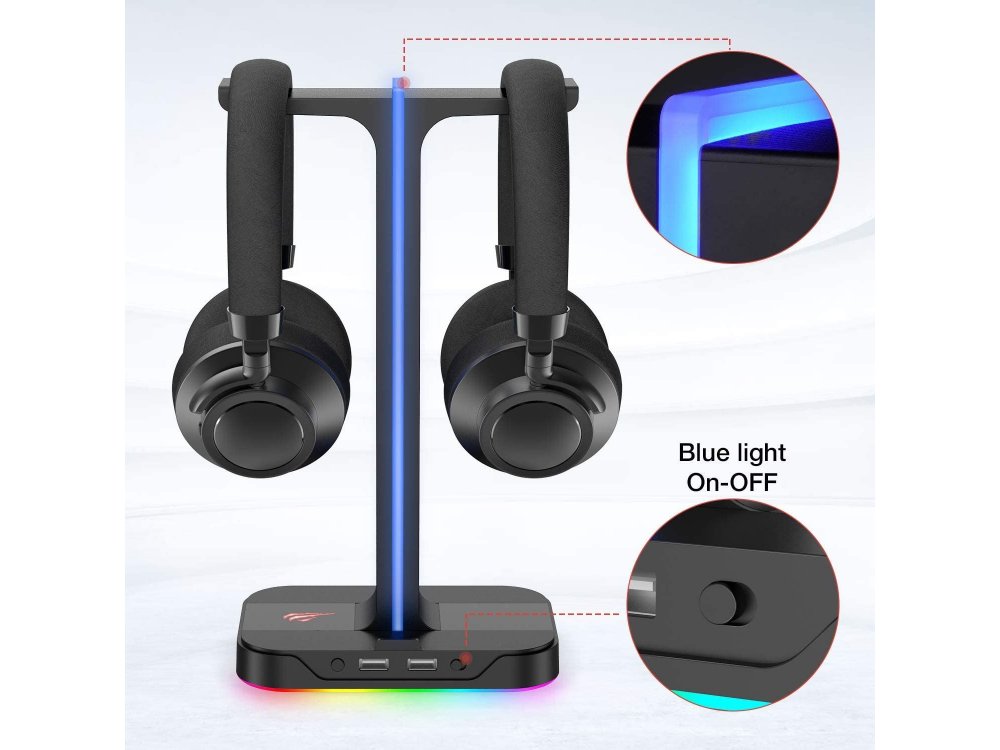 Havit Dual Headphone Stand & Hanger RGB, Aluminum Διπλή Βάση / Stand για Headset / Ακουστικά με 2 Θύρες USB, Μαύρη - TH650