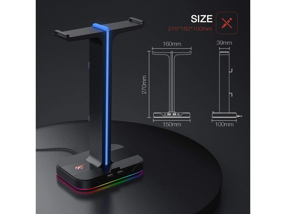 Havit Dual Headphone Aluminum Stand & Hanger RGB for Headset  with 2 USB Ports, Black - TH650