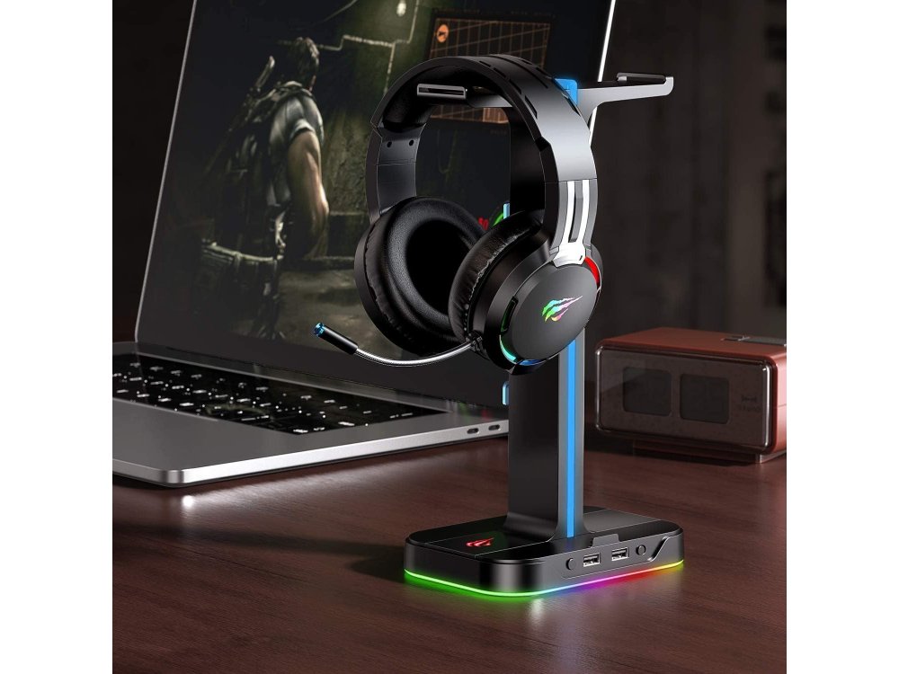 Havit Dual Headphone Stand & Hanger RGB, Aluminum Διπλή Βάση / Stand για Headset / Ακουστικά με 2 Θύρες USB, Μαύρη - TH650