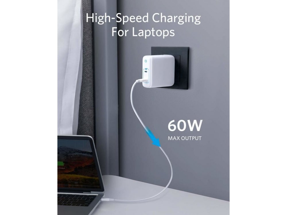 Anker PowerPort III Atom 2-Port Φορτιστής πρίζας 60W με Power Delivery και GaN, Λευκός - A2629H21