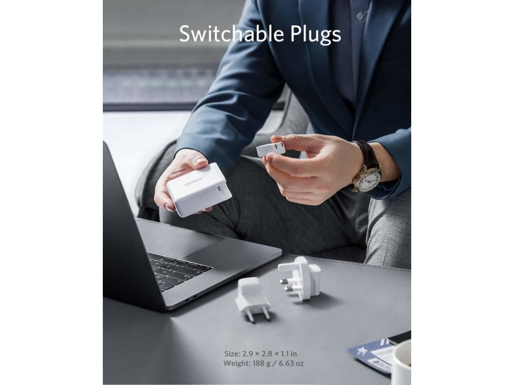 Anker PowerPort III Atom 2-Port Φορτιστής πρίζας 60W με Power Delivery και GaN, Λευκός - A2629H21
