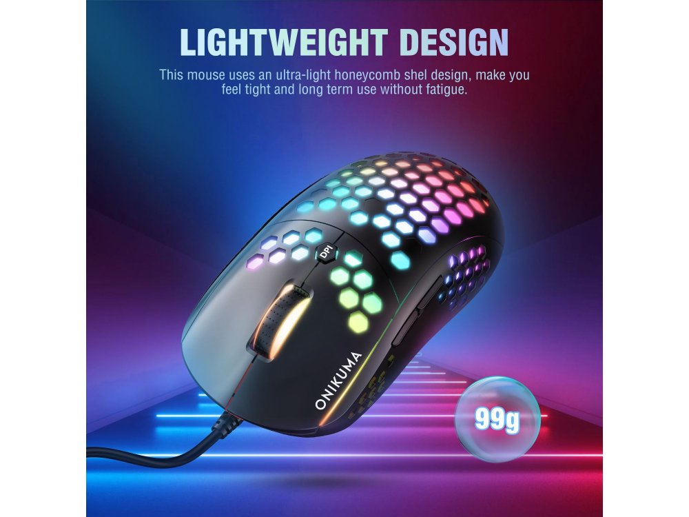 Onikuma CW903 RGB Optical Προγραμματιζόμενο Gaming Mouse, Ultralight Honeycomb Ποντίκι, 800-6.400 DPI, 7 Buttons, Μαύρο