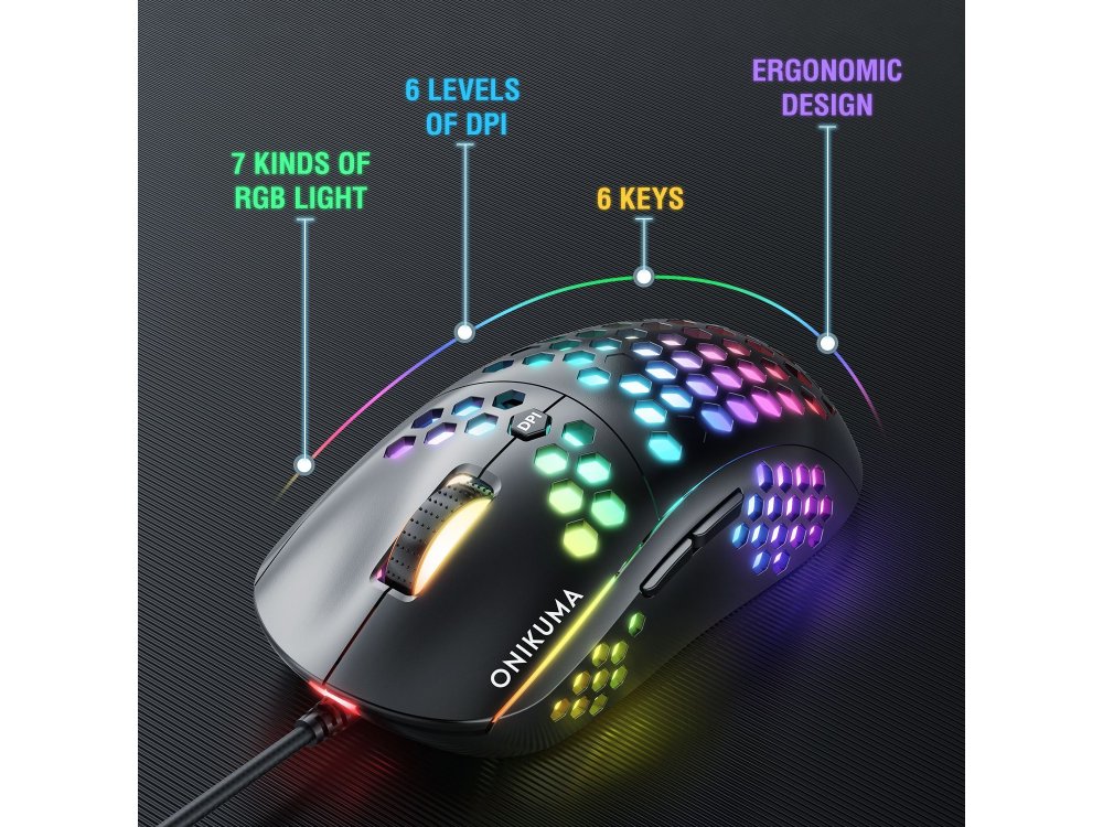 Onikuma CW903 RGB Optical Προγραμματιζόμενο Gaming Mouse, Ultralight Honeycomb Ποντίκι, 800-6.400 DPI, 7 Buttons, Μαύρο