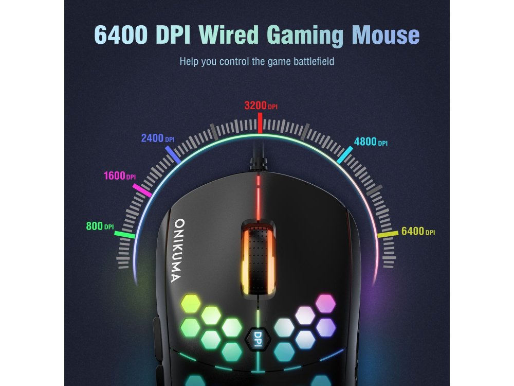 Onikuma CW903 RGB Optical Προγραμματιζόμενο Gaming Mouse, Ultralight Honeycomb Ποντίκι, 800-6.400 DPI, 7 Buttons, Μαύρο