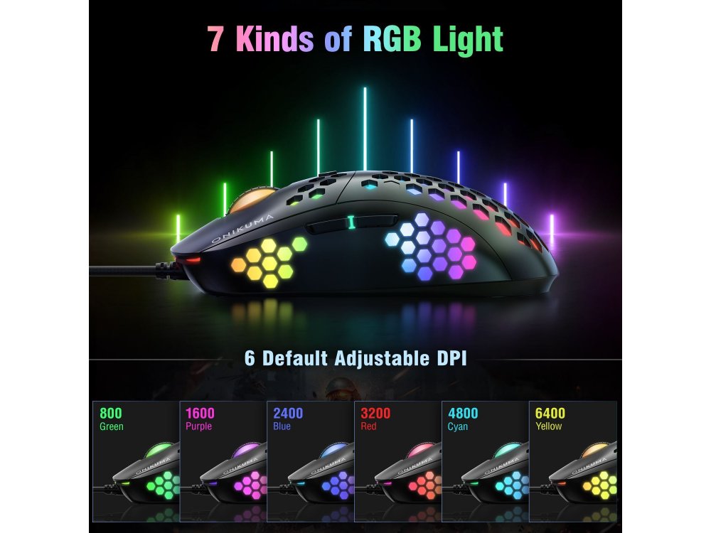 Onikuma CW903 RGB Optical Προγραμματιζόμενο Gaming Mouse, Ultralight Honeycomb Ποντίκι, 800-6.400 DPI, 7 Buttons, Μαύρο