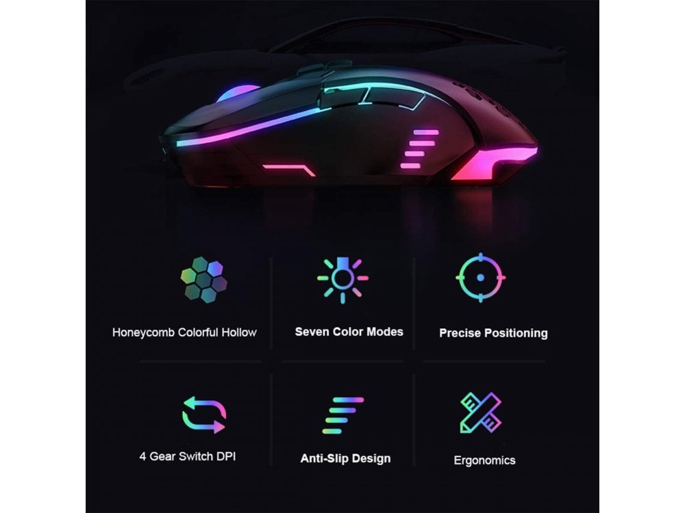 Onikuma CW902 RGB Optical Προγραμματιζόμενο Gaming Mouse, Ultralight Honeycomb Ποντίκι, 800-6.400 DPI, 7 Buttons, Μαύρο