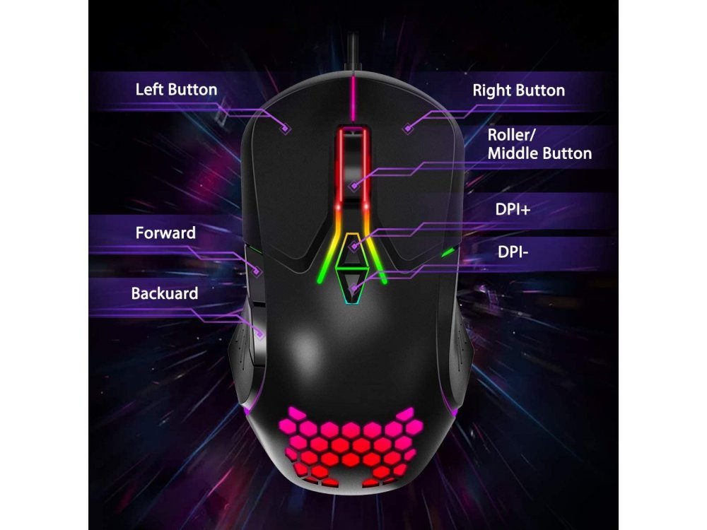 Onikuma CW902 RGB Optical Προγραμματιζόμενο Gaming Mouse, Ultralight Honeycomb Ποντίκι, 800-6.400 DPI, 7 Buttons, Μαύρο