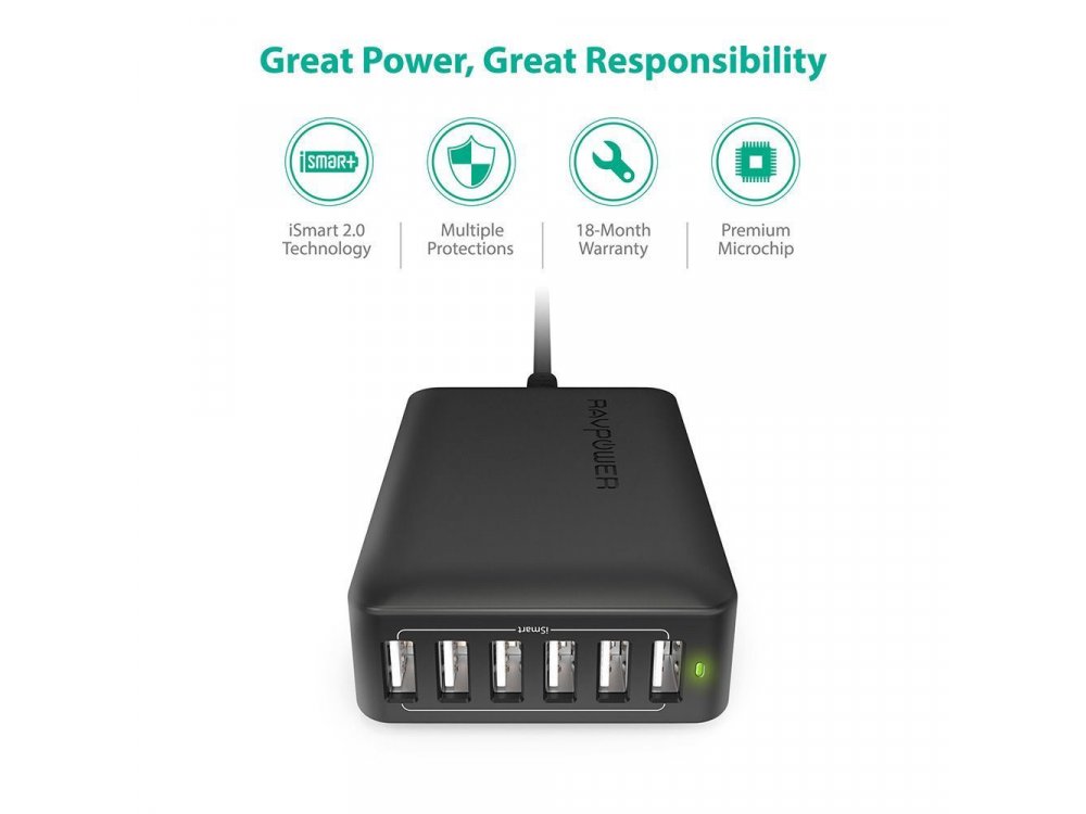 RAVPower 60W 6-Port USB Charging Hub, with iSmart 2.0 Technology, Black - RP-PC028