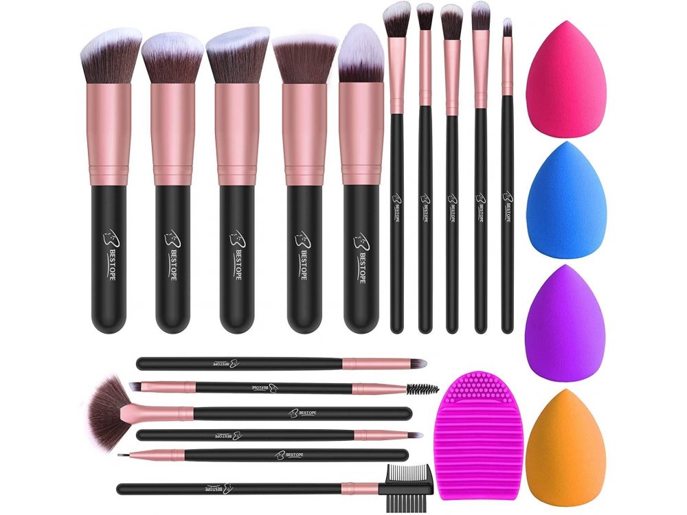 BESTOPE Set of 16 Makeup Brushes, Cruelty-free, Vegan + 4 Beauty Sponges + 1 Brush Clean, with Case - BP02020-BLK