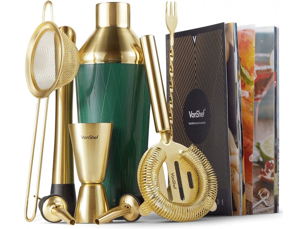 VonShef Cocktail Set 9τμχ., Set for Coctails Stainless Steel, Green & Brushed Gold - 1000021