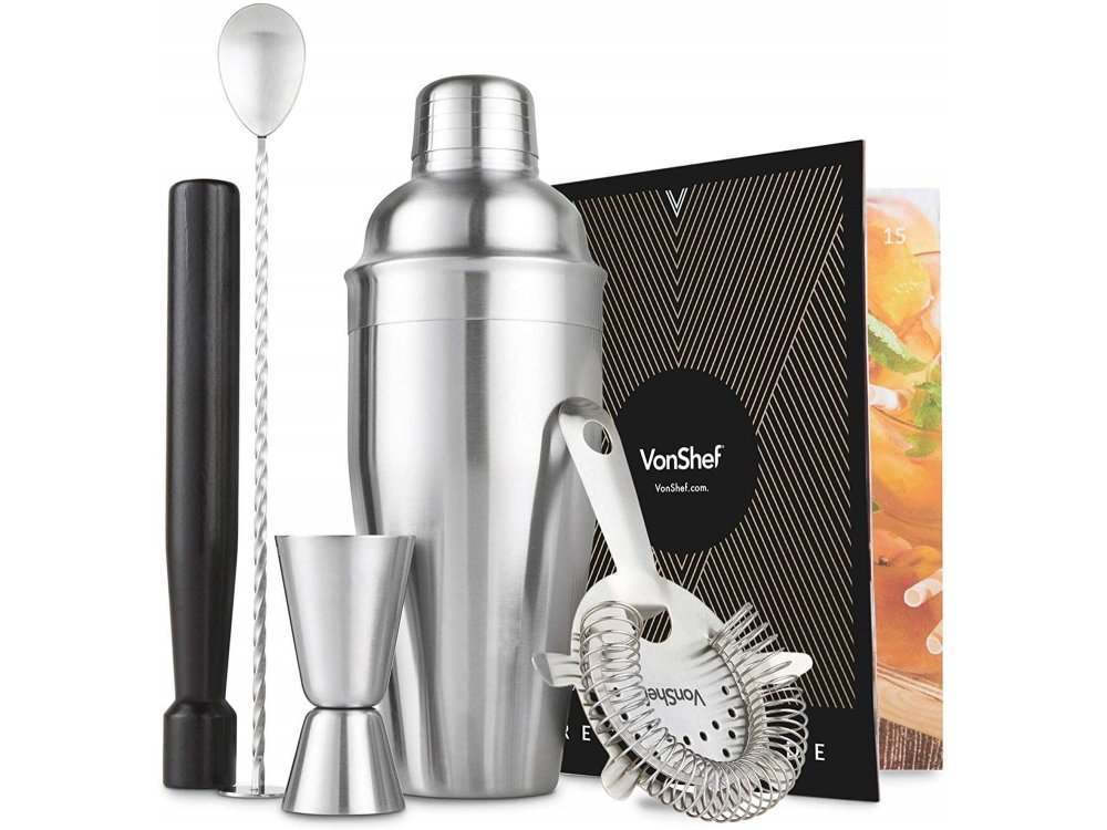 VonShef Cocktail Set 5 pieces., Set for Coctails with Stainless Steel Shaker, Manhattan Silver - 1000146