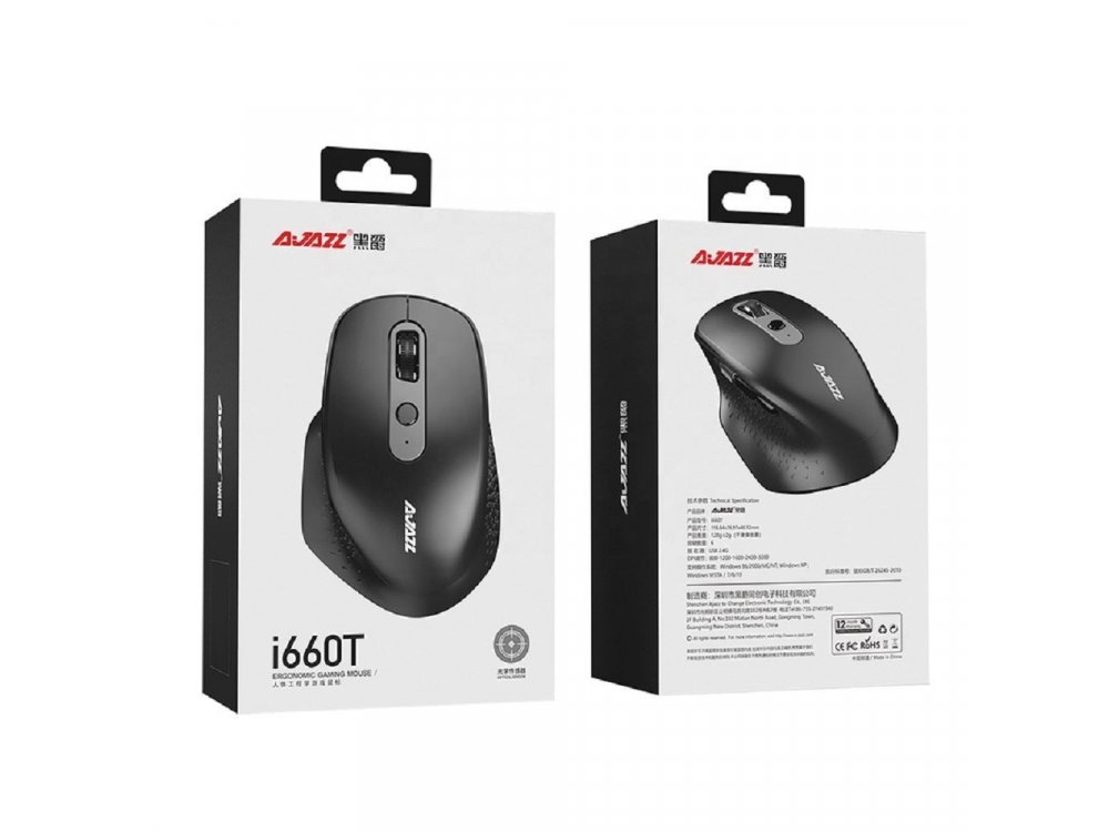 Ajazz i660T Wireless Bluetooth Ergonomic Mouse, 800 / 1200 / 1600 / 2400 / 3200 DPI Ποντίκι, 6 Πλήκτρων, Μαύρο
