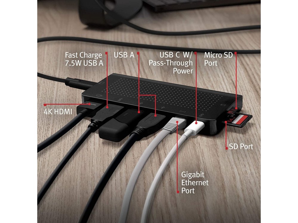 Twelve South StayGo USB C Data Hub - HDMI/4Κ + Gbps LAN + Card Reader + USB 3.0*3 Ports + USB-C 3.1 + 100W PD Charging - 12-1907