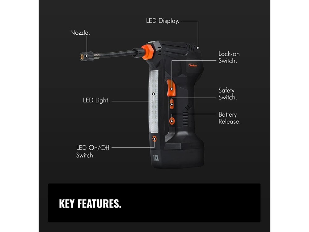 VonHaus 12V Tyre Inflator, Κομπρεσέρ Αέρος με Ψηφιακό Μετρητή Πίεσης Ελαστικών, Max 125 PSI, LCD Display & Φακό LED - 3500001