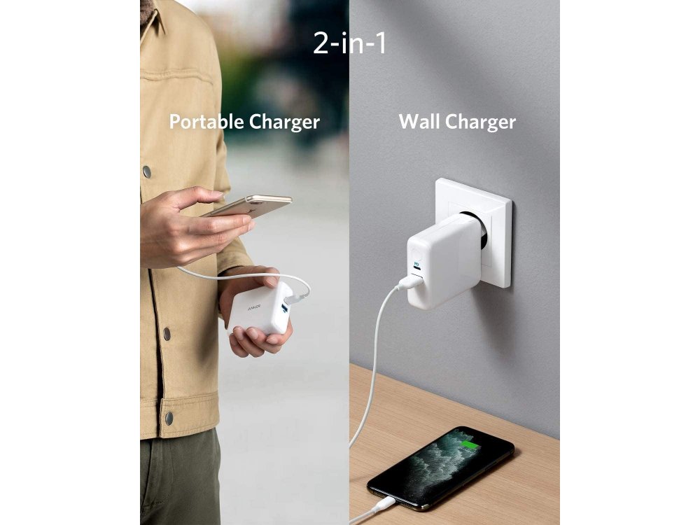 Anker PowerCore III Fusion 5K 2-in-1 Φορτιστής Πρίζας & Power Bank PD 5.000mAh Power Delivery - A1624G21, Λευκό