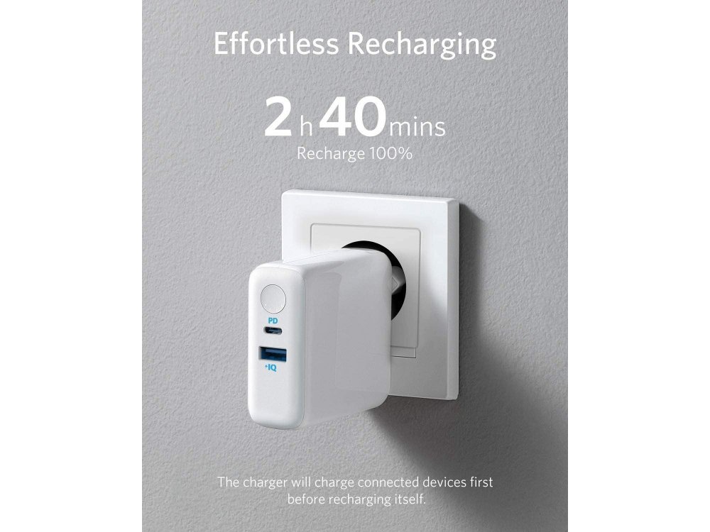 Anker PowerCore III Fusion 5K 2-in-1 Φορτιστής Πρίζας & Power Bank PD 5.000mAh Power Delivery - A1624G21, Λευκό