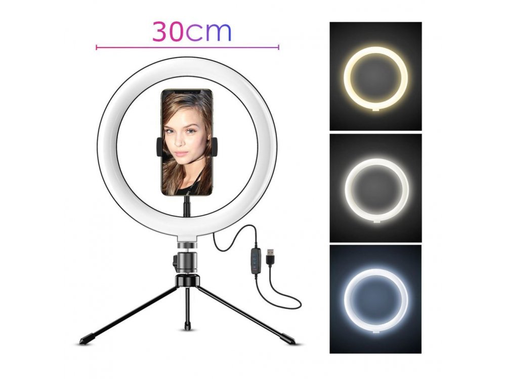 Nordic LED Ring Light 12" (30cm) Dimmable Temperature 3200K-5600K & Adjustable 3 Color + Tripod - RING-101