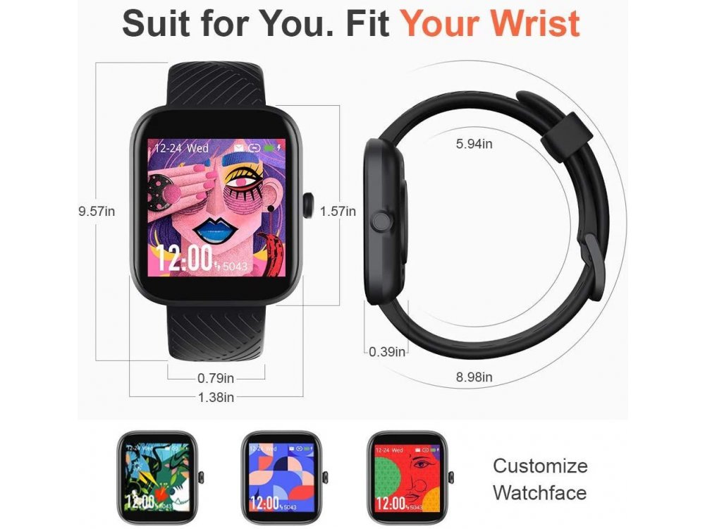 Virmee VT3 Smartwatch 1.3" LCD HD Screen, Real Time Health Monitoring, 18 Sports Modes, IP68, HR & SpO & Sleep Monitor, Μαύρο