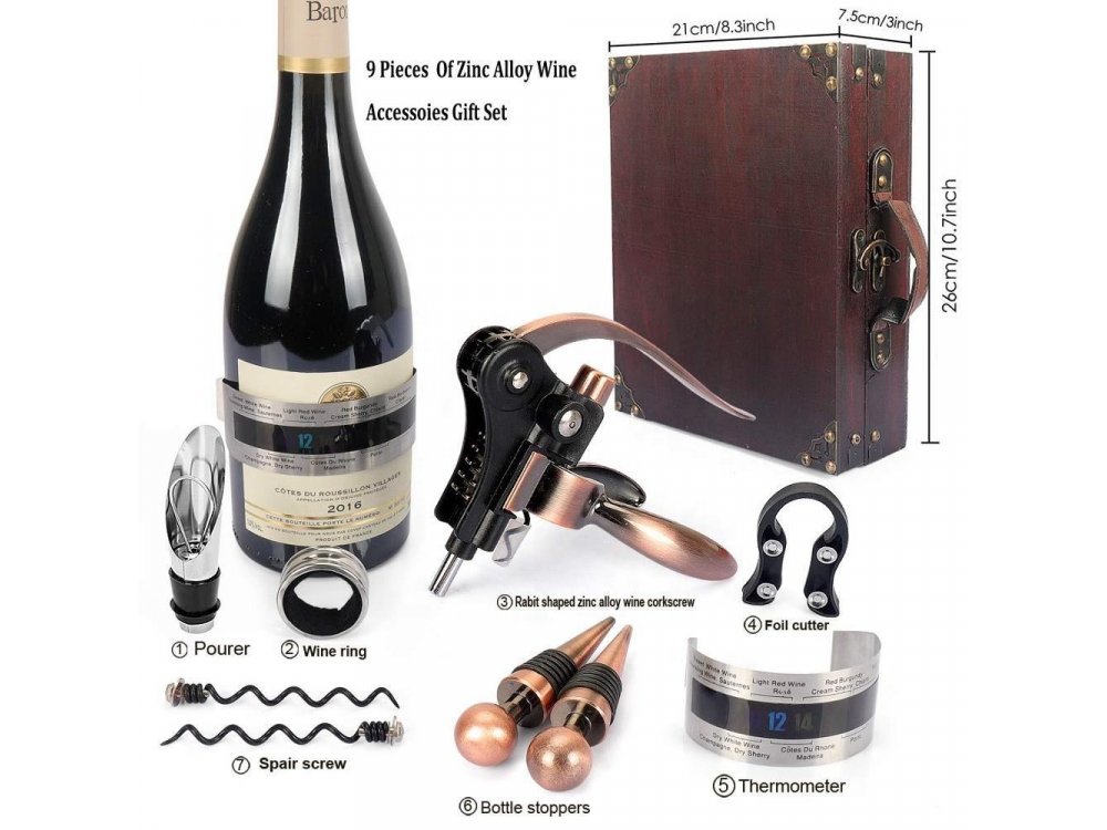 Corkscrew Wine Opener Set, Wine Accessories Set 10pcs with Suitcase, Pouch, Thermometer, Caps, Ring, Pourer & Foil Cutter