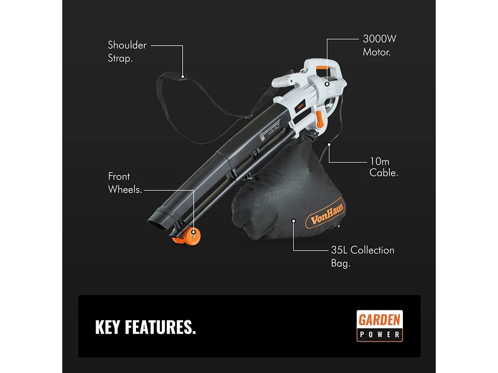 VonHaus 3 in 1 Leaf Blower Φυσητήρας / Αναρροφητήρας 3000W με 35L Σάκο Συλλογής & 10μ. Καλώδιο - 2500105